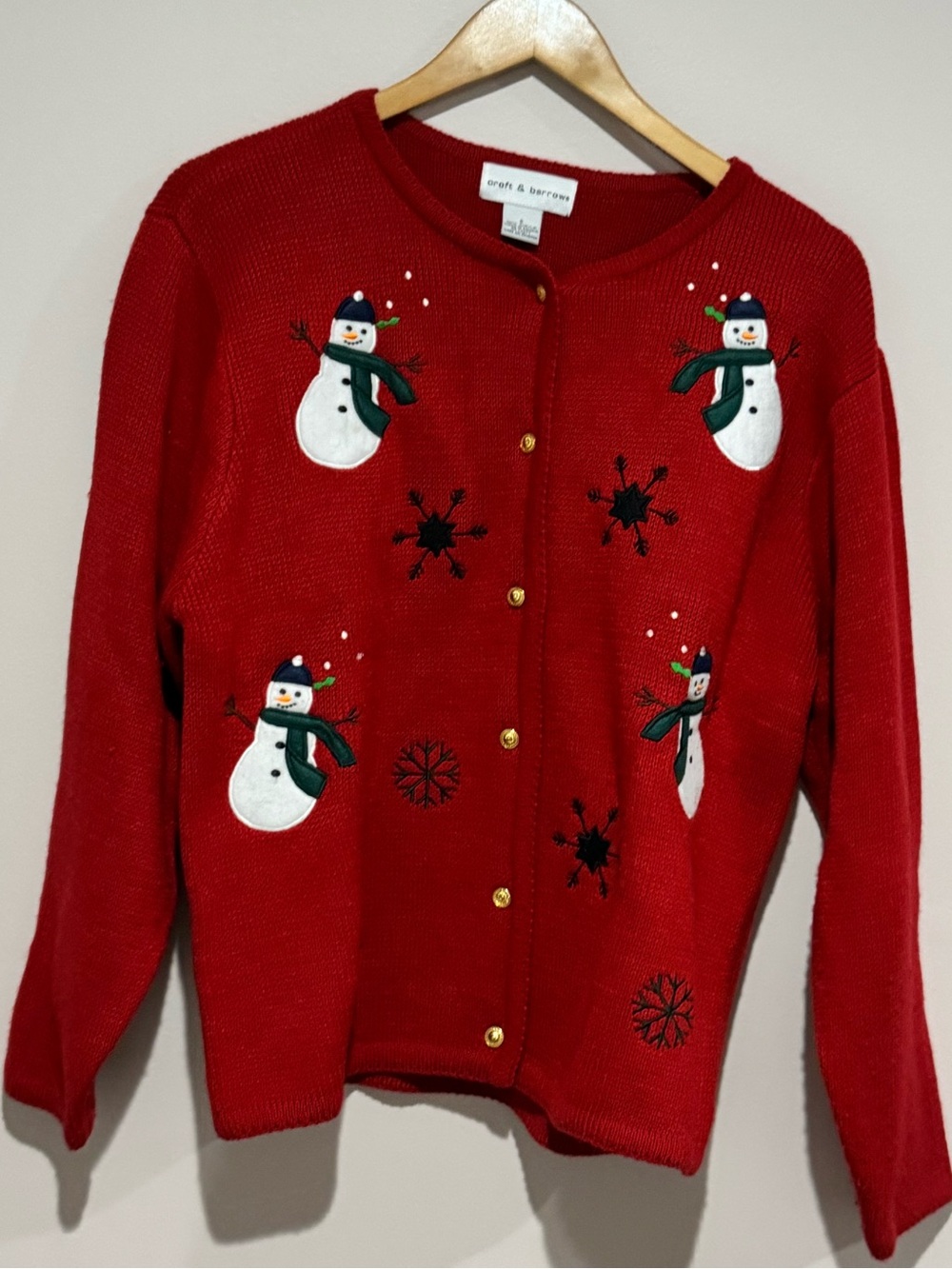 Croft & Barrow Women's S Red Snowman Holiday Acrylic Knit Cardigan Sweater